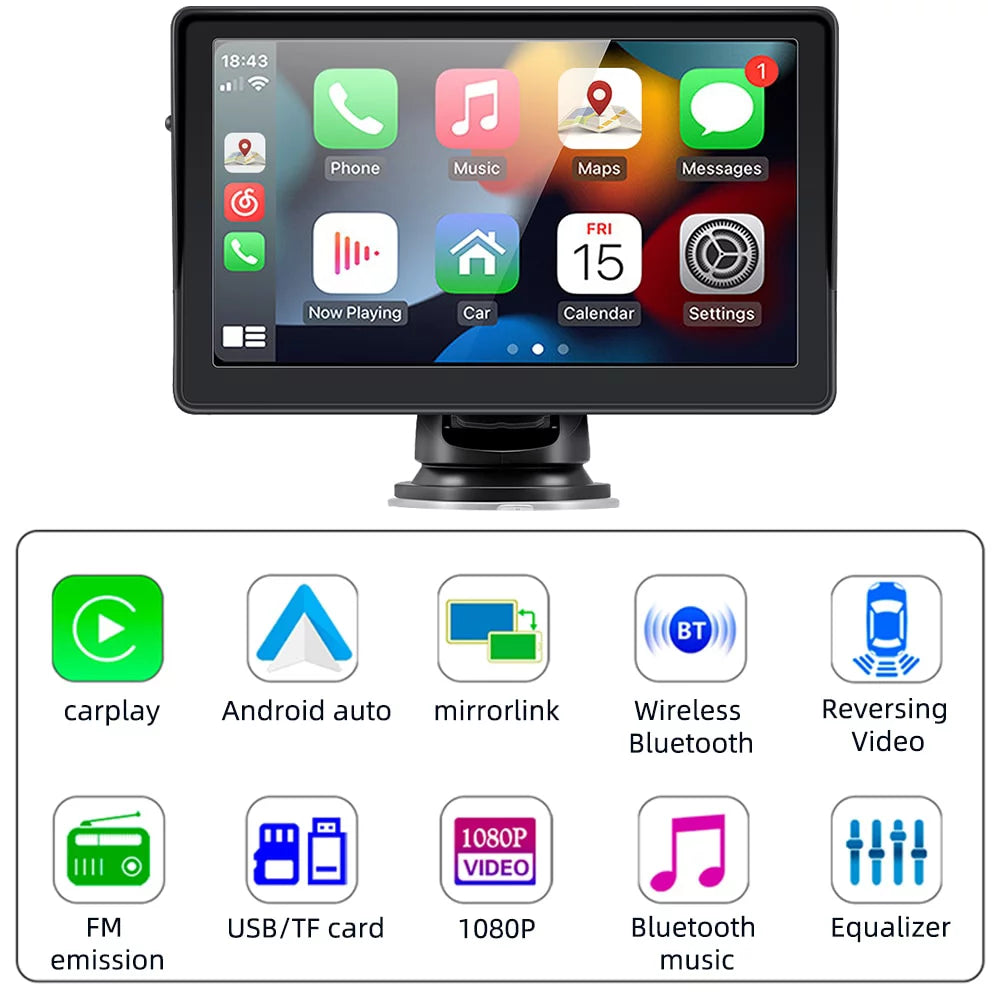 2024 Newest  Portable Car Radio with Apple Carplay and Android Auto, Wireless Car Stereo 7" IPS Touchscreen with Bluetooth Hands-Free/Mirror Link/Siri Assistant, Windshield Mounted