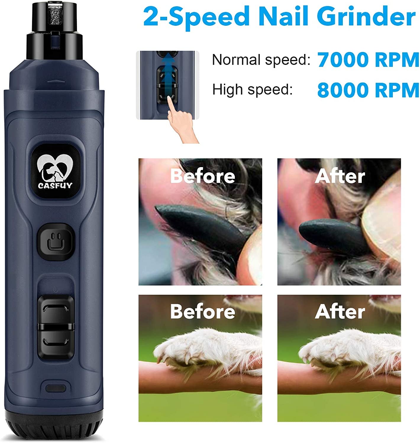 Pet Nail Grinder with 2 LED Lights - New Version Powerful 2 Speed ​​Electric Quiet and Painless for Dogs and Cats