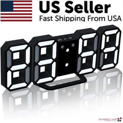 Digital 3D LED Big Wall Desk Alarm Clock Snooze 12/24 Hours Auto Brightness USB