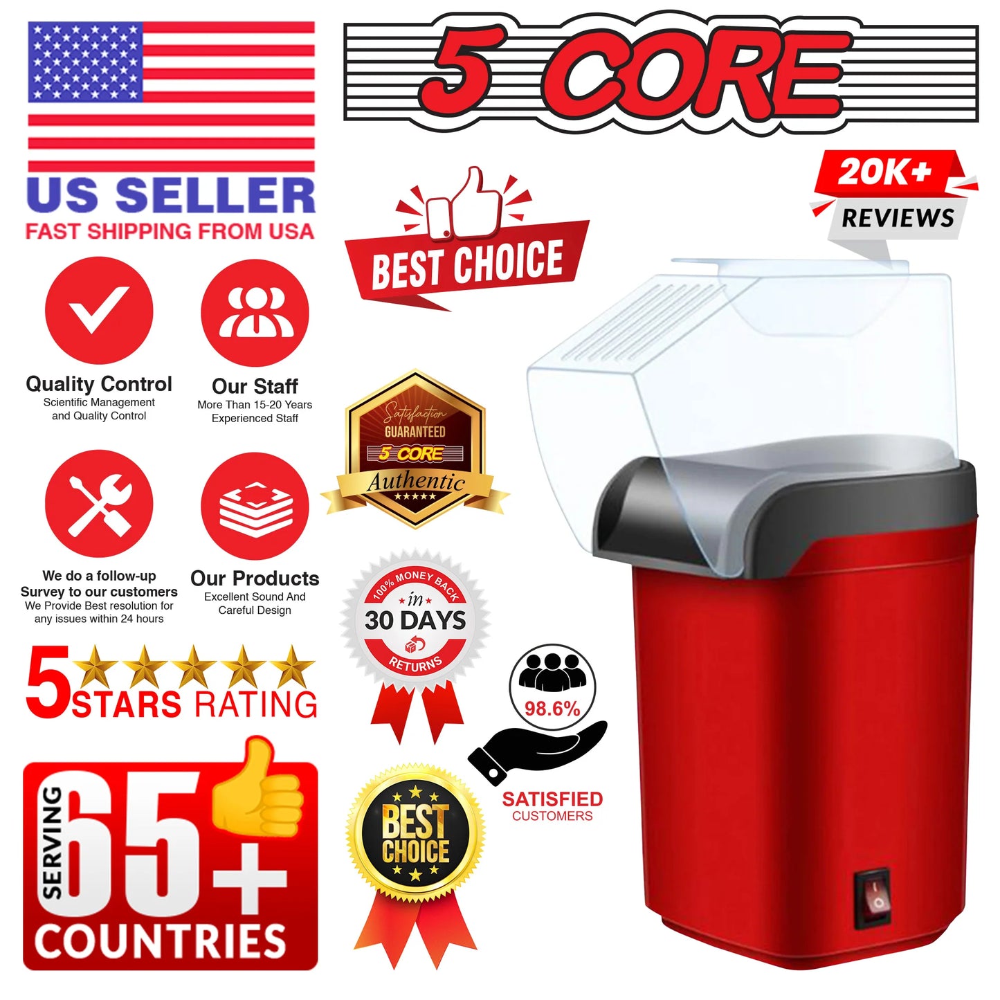 5Core Popcorn Machine 16 Cup Hot Air Popper Mini Portable Electric Pop Corn Maker