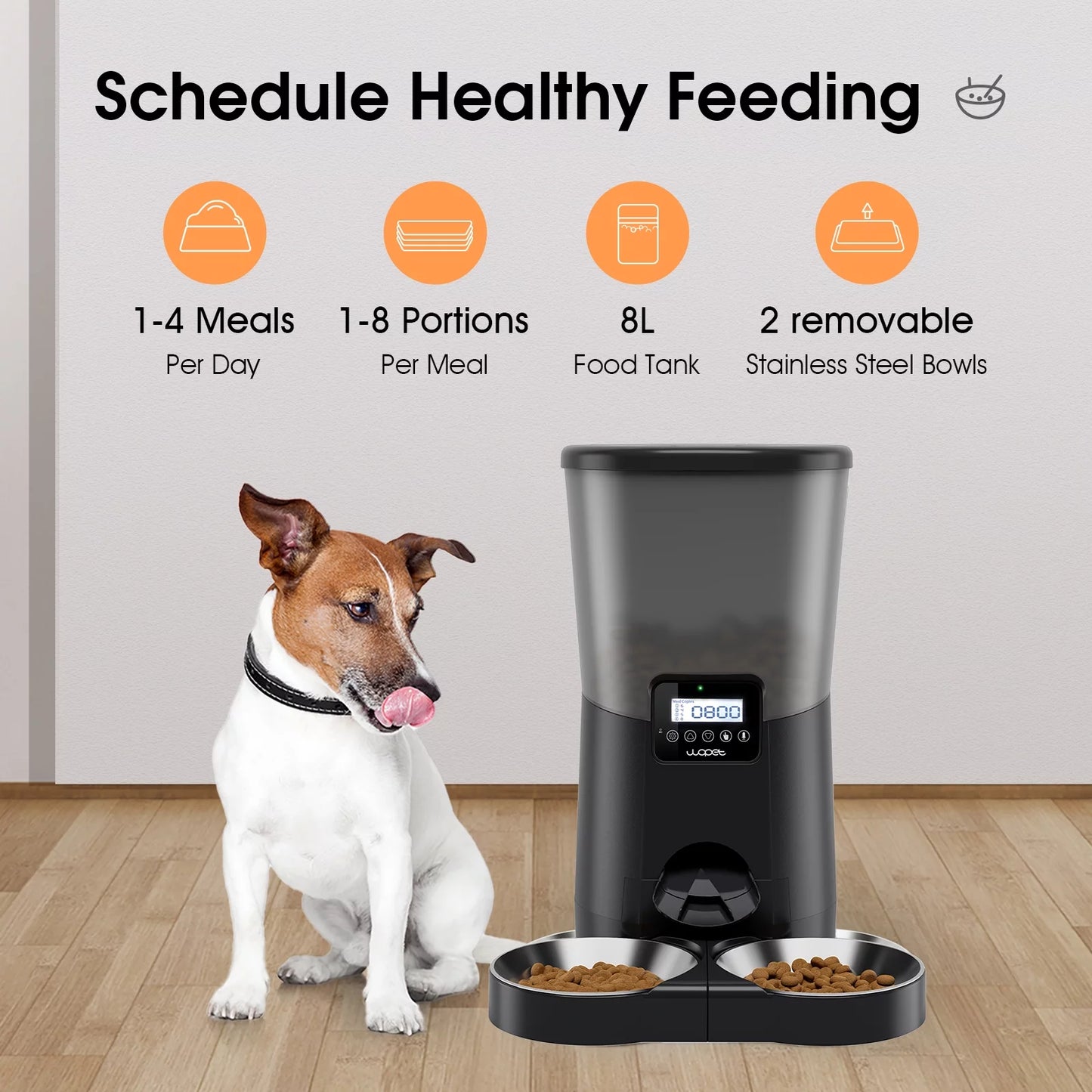 Automatic pet feeders, with double stainless steel bowl for 2 pets, 8L, black