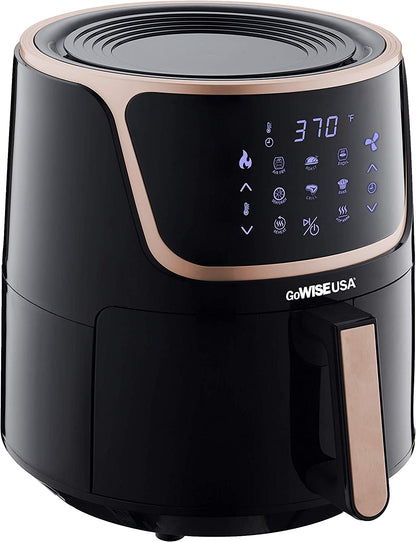 GoWise 7-Quart Electric Air Fryer with Dehydrator, 3 Stackable Racks, Digital Touchscreen and 8 Functions. Black/Copper Color.