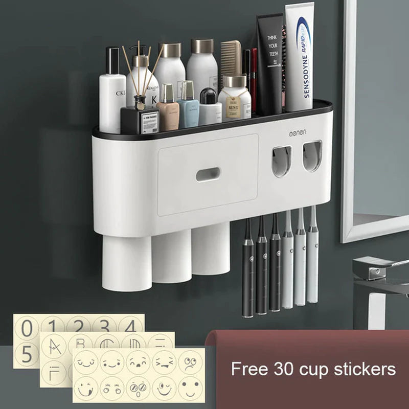 Magnetic adsorption toothbrush holder, waterproof storage box, 2, 3, 4 cups toothpaste dispenser