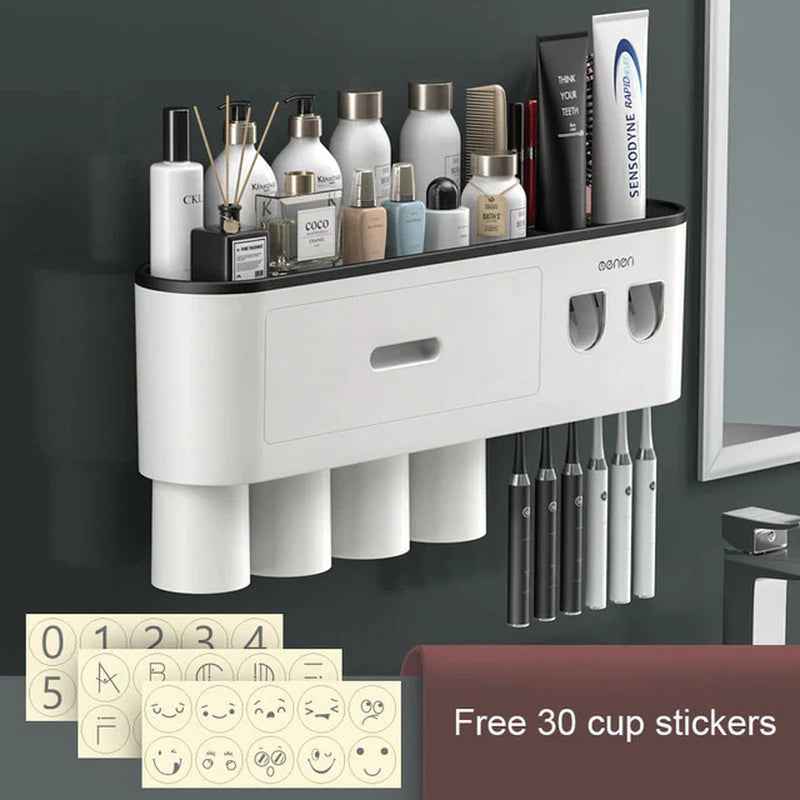 Magnetic adsorption toothbrush holder, waterproof storage box, 2, 3, 4 cups toothpaste dispenser