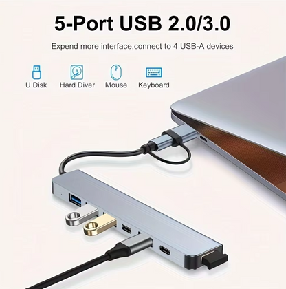 7 in 1 USB HUB with Splitter Card Reader, USB C Port, USB 3.0 / 2.0, SD/TF Splitter Card Reader, Docking Station