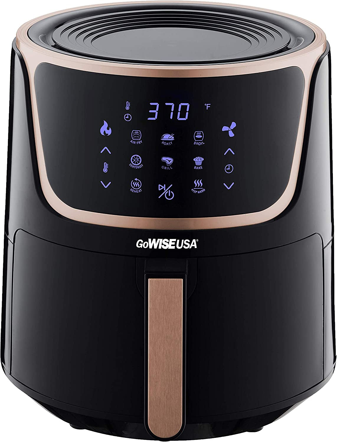 GoWise 7-Quart Electric Air Fryer with Dehydrator, 3 Stackable Racks, Digital Touchscreen and 8 Functions. Black/Copper Color.