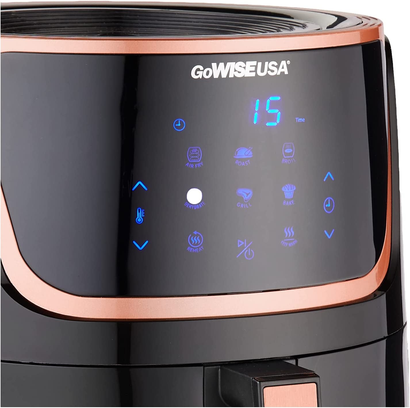 GoWise 7-Quart Electric Air Fryer with Dehydrator, 3 Stackable Racks, Digital Touchscreen and 8 Functions. Black/Copper Color.