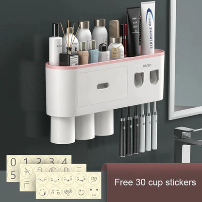 Magnetic adsorption toothbrush holder, waterproof storage box, 2, 3, 4 cups toothpaste dispenser