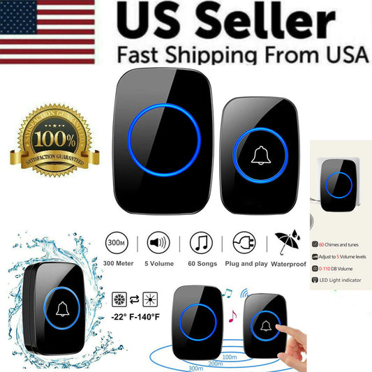 Wireless Doorbell Chime Waterproof Plugin Receiver Adjustable Volume 1000FT Kit