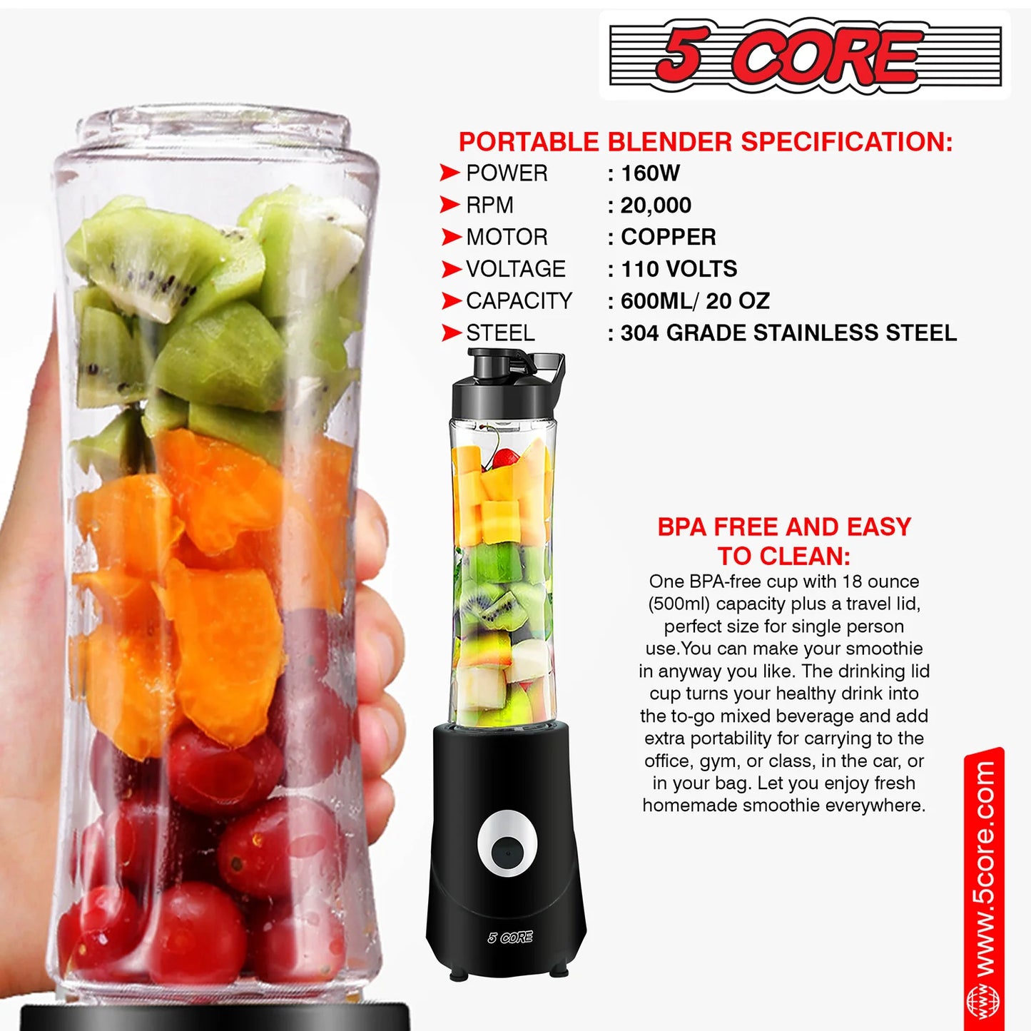 5 Core Portable Blender for Kitchen 20 Oz Capacity 160W Personal Blenders, Small Smoothie Maker