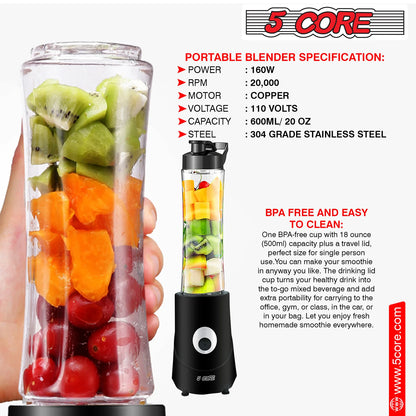 5 Core Portable Blender for Kitchen 20 Oz Capacity 160W Personal Blenders, Small Smoothie Maker