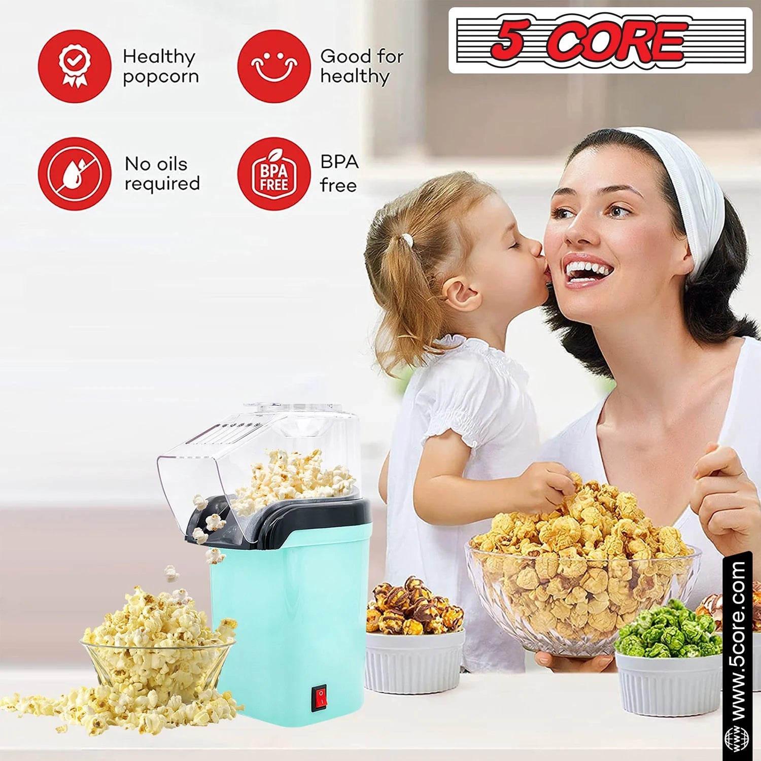 5Core Popcorn Machine 16 Cup Hot Air Popper Mini Portable Electric Pop Corn Maker