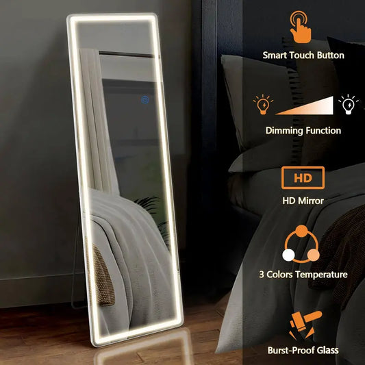 Moderw，Fitting Mirror，Floor Standing Mirror Full Body Mirror LED 3 Color Illuminated Mirror with Bracket.