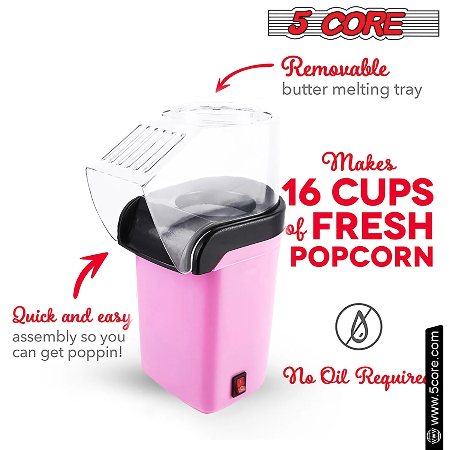 5Core Popcorn Machine 16 Cup Hot Air Popper Mini Portable Electric Pop Corn Maker