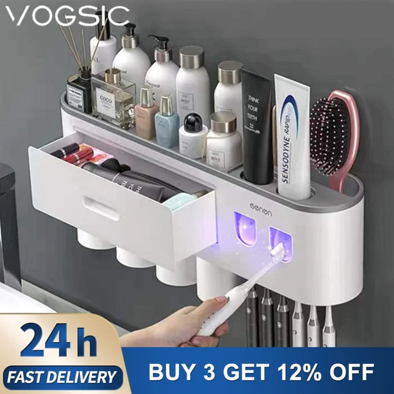 Magnetic adsorption toothbrush holder, waterproof storage box, 2, 3, 4 cups toothpaste dispenser