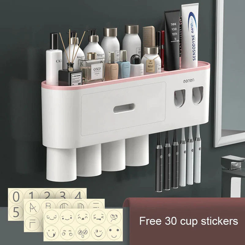 Magnetic adsorption toothbrush holder, waterproof storage box, 2, 3, 4 cups toothpaste dispenser