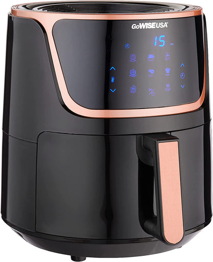 GoWise 7-Quart Electric Air Fryer with Dehydrator, 3 Stackable Racks, Digital Touchscreen and 8 Functions. Black/Copper Color.