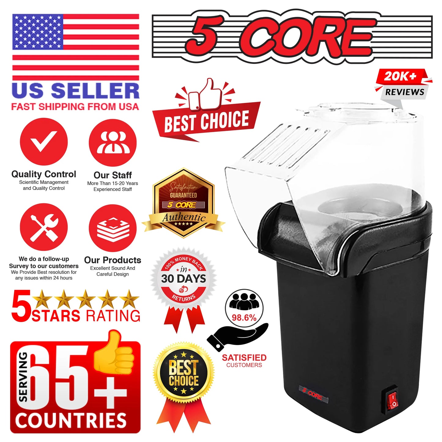 5Core Popcorn Machine 16 Cup Hot Air Popper Mini Portable Electric Pop Corn Maker