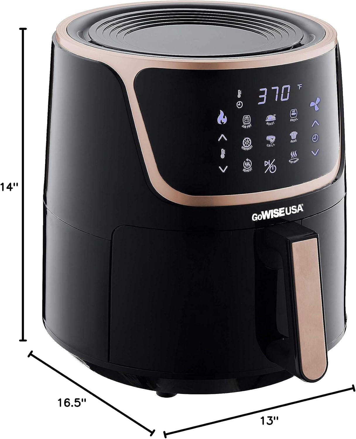 GoWise 7-Quart Electric Air Fryer with Dehydrator, 3 Stackable Racks, Digital Touchscreen and 8 Functions. Black/Copper Color.