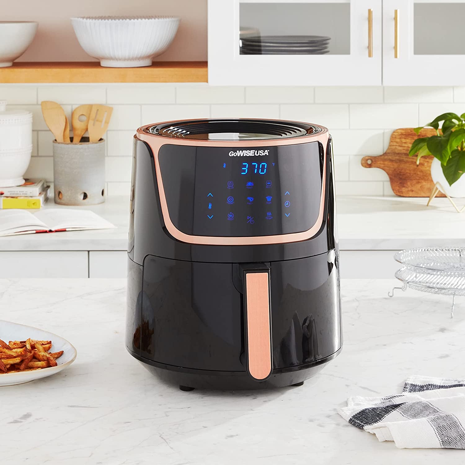 GoWise 7-Quart Electric Air Fryer with Dehydrator, 3 Stackable Racks, Digital Touchscreen and 8 Functions. Black/Copper Color.