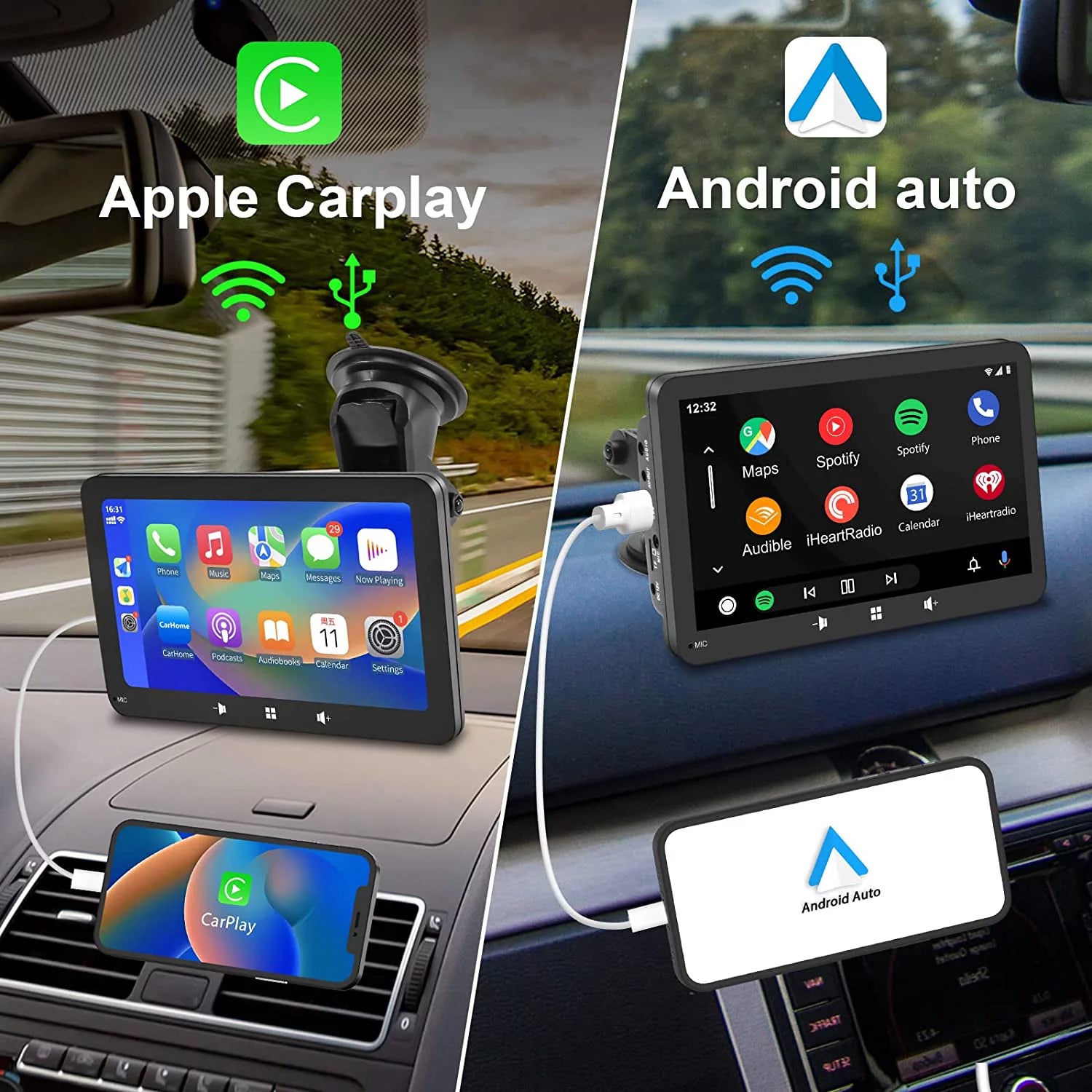 2024 Newest  Portable Car Radio with Apple Carplay and Android Auto, Wireless Car Stereo 7" IPS Touchscreen with Bluetooth Hands-Free/Mirror Link/Siri Assistant, Windshield Mounted