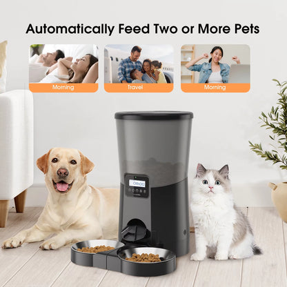 Automatic pet feeders, with double stainless steel bowl for 2 pets, 8L, black